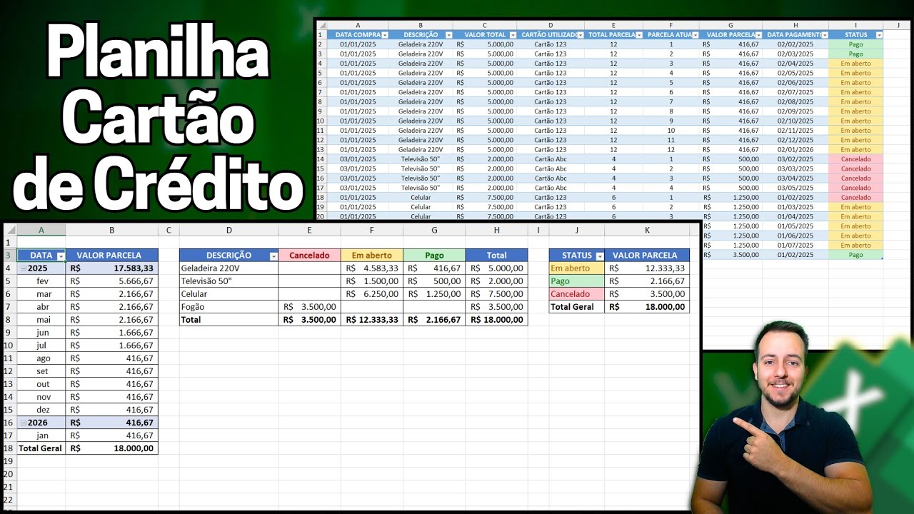 Planilha Controle de Cartão de Crédito no Excel com Relatório Mensal e com Status Pago e Em Aberto