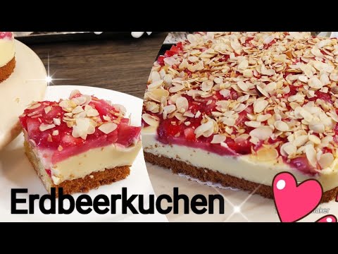Erdbeer Blechkuchen schnell gemacht und mega lecker, Erdbeerkuchen mit Vanillepudding Rezept