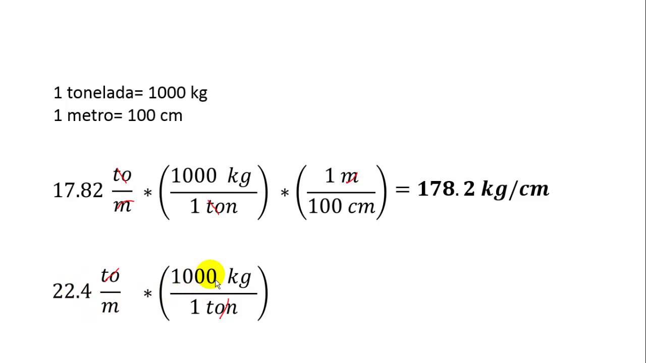 Convertir de Toneladas/Metros a Kilogramos /Centímetros (To/m a Kg/cm)