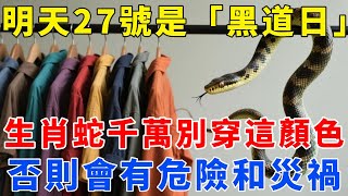 生肖蛇，明天10月27號，農曆九月初七是「黑道日」，你千萬不要穿這顏色！否則會有危險和災禍！切記！【梵心若素】#生肖 #運勢 #風水 #財運 #命理