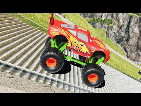 Monster Truck Lightning McQueen Stairs Jumps Down - BeamNG.drive