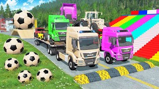 Flatbed Trailer McQueen Transportation with Truck - Speedbumps vs Cars vs Train - BeamNG.Drive #582