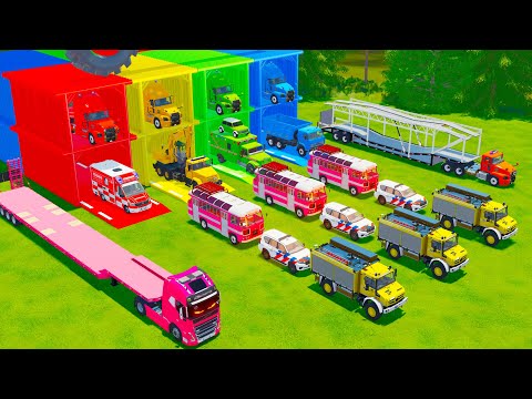 TRANSPORTING FIRE ENGINE, POLICE CARS, MINIBUS, AMBULANCE, DUMP TRUCK TO GARAGE - FS22