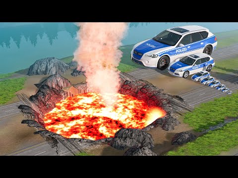 Giant and Small Police Cars vs Giant Lava Crater ▶️ BeamNG Drive