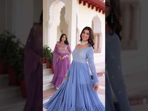 Onion Royal Faux Georgette Embroidered Gown with Sequins & Zari Work – Three-Layer Frill Stitched Gown with Cotton Lining and Matching Dupatta