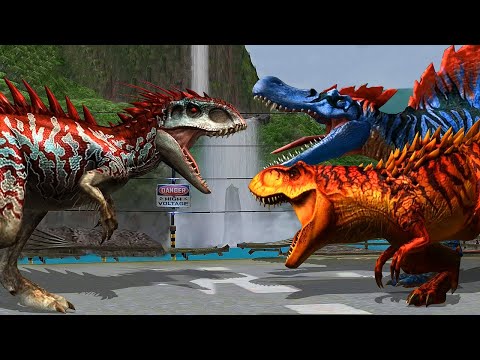 THE KING INDOMINUS REX VS T REX AND SPINOSAURUS - BATTLE || JURASSIC WORLD THE GAME | GAMEPLAY