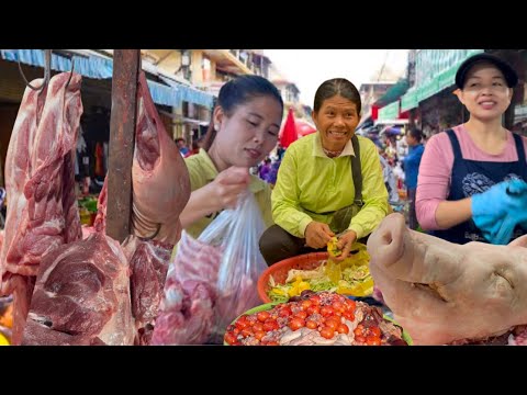 Amazing Cambodian Wet Market Food Scenes & Lively Fish, Fruits, Dancing, People Activities & Food