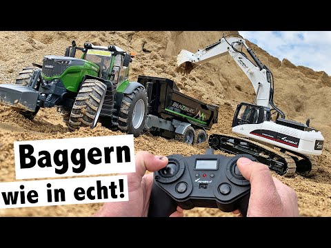 Baggern wie in echt: Amewi Vollmetall Bagger im Test | Bruder Fendt 1050 mit Benzberg Muldenkipper