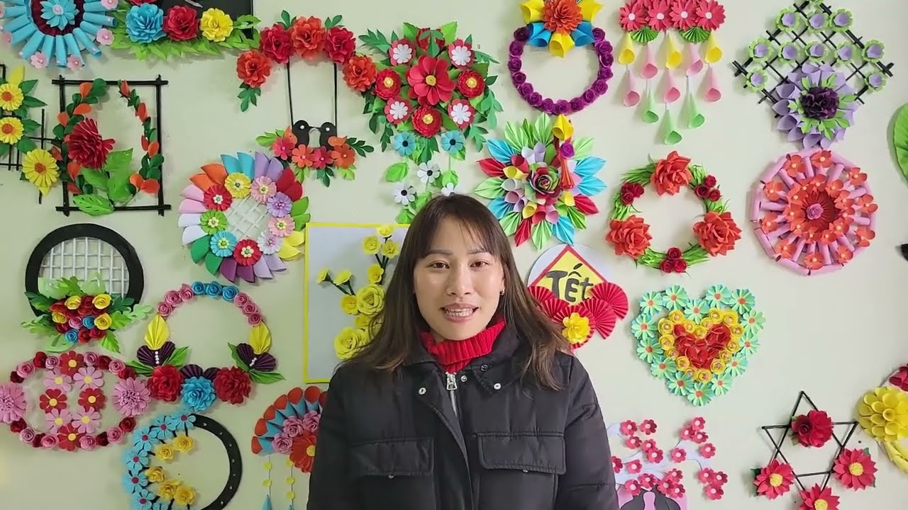 cắt hoa giấy hồng từ giấy màu thủ công