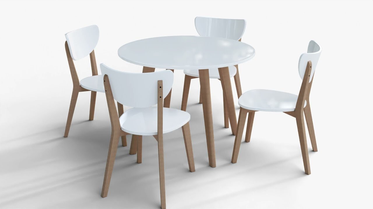 Round Table and 4 Chair Modern Wooden Dining Set 3D model