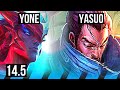 YONE vs YASUO (MID) | 6/1/4, 800+ games, Dominating | KR Challenger | 14.5