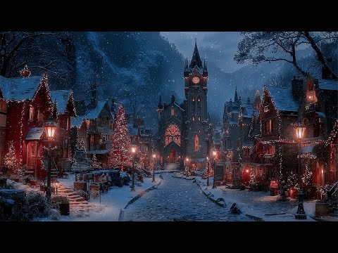 Snowy Village leading to Gothic Cathedral on Christmas Eve | Dark Academia Winter Ambience for Study