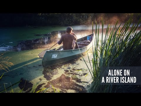 Solo Canoe Camping on a Small River Island - Tarp Shelter, Bushcraft & Campfire Cooking