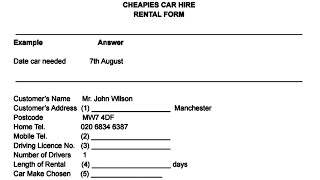 Cheapies car hire rental form listening practice test with answers | IELTS final exam