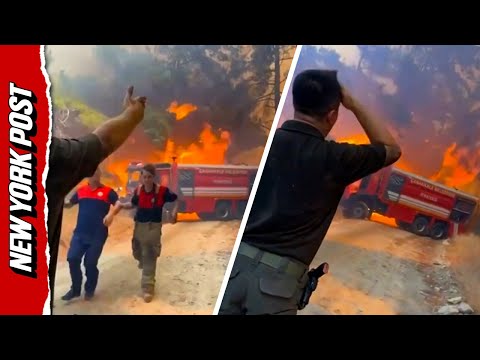 Fire truck trapped in flames while battling wildfires in Turkey