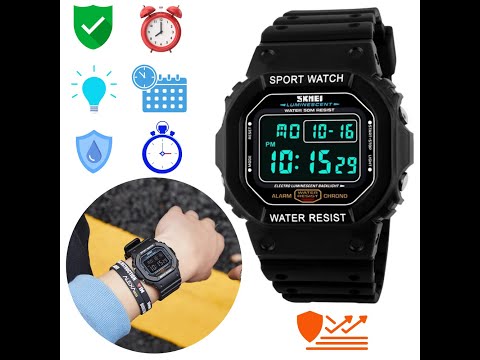 Мужские спортивные часы с гарантией черные электронные водонепроницаемые противоударные с подсветкой Skmei - фото 1 - id-p2149404503