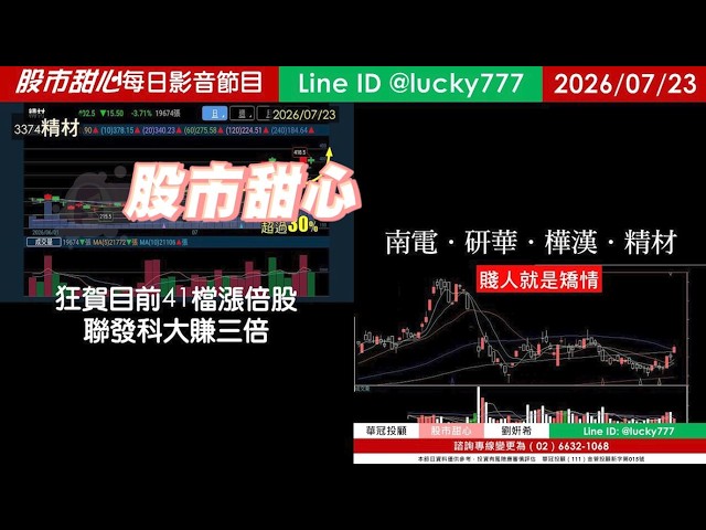 0723【甜心盤後節目】【168赤馬紅羊專屬優惠案】狂賀累計41檔長輩股，發哥大賺三倍！南電．研華．樺漢．精材．賤人就是矯情／諮詢專線變更為0266321068
