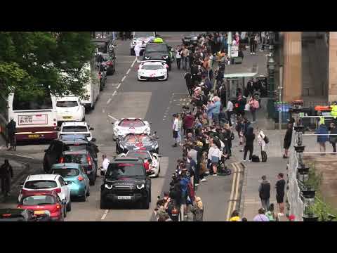 Gumball 3000 Rally: Daily Driven Exotics (DDE) drive through Edinburgh city centre.