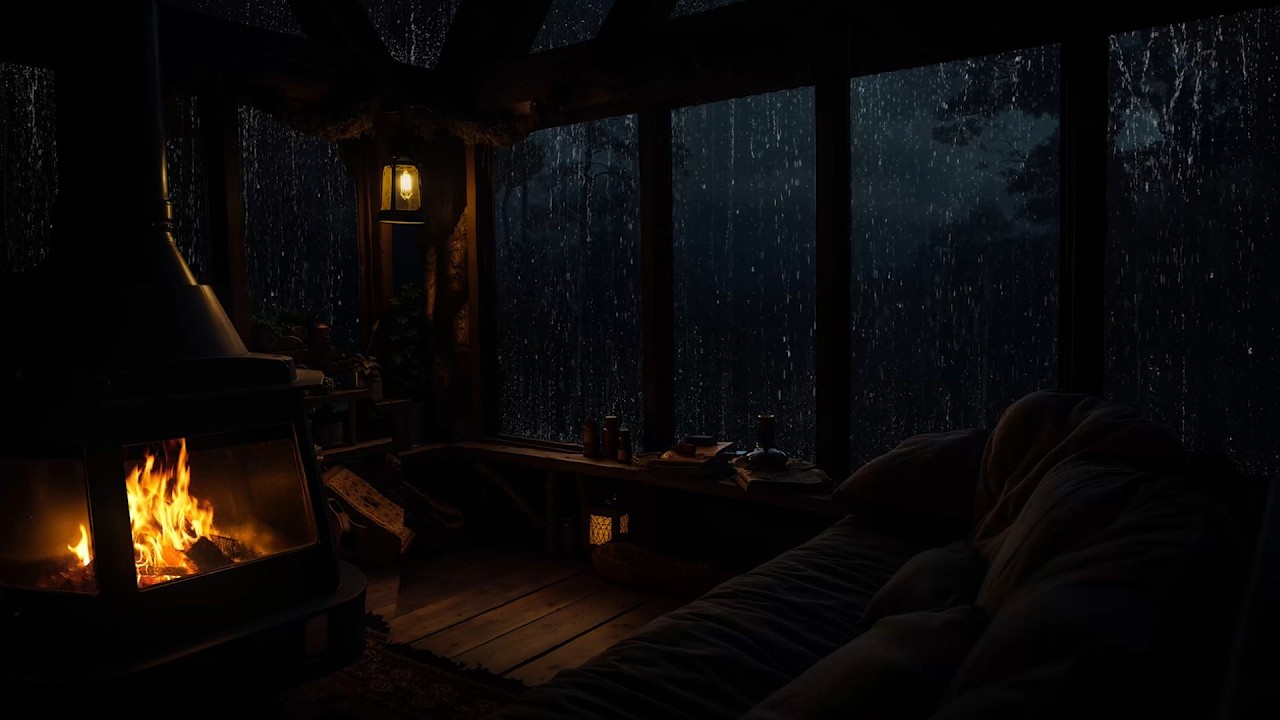 Rain Falls and Fireplace in a Rustic Cabin with Cozy Night Ambience for Relaxation