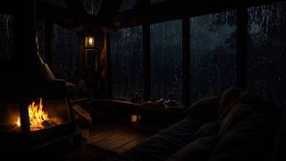 Rain Falls and Fireplace in a Rustic Cabin with Cozy Night Ambience for Relaxation
