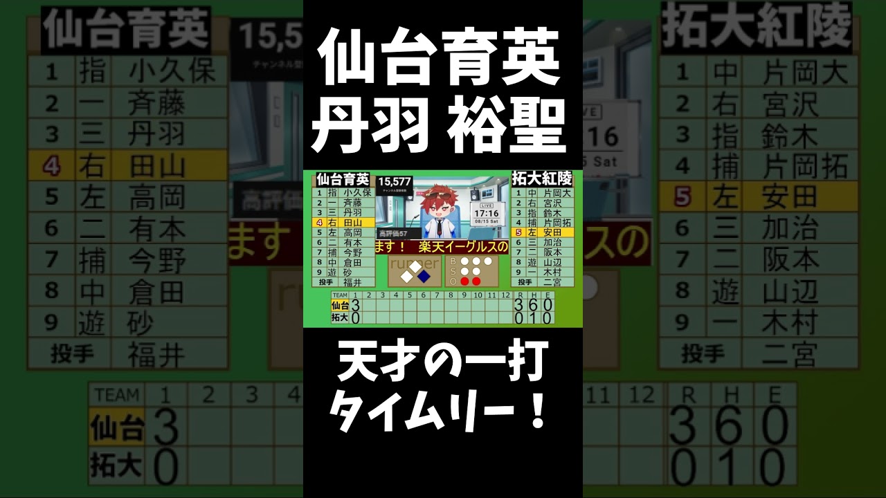 【速報】夏の高校野球甲子園  仙台育英 スーパー一年生丹羽 裕聖！拓大紅陵から追加点のタイムリー！