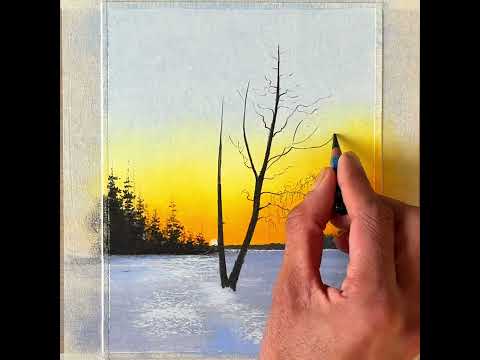 Winter sunset glow - oil pastel tree scenery
