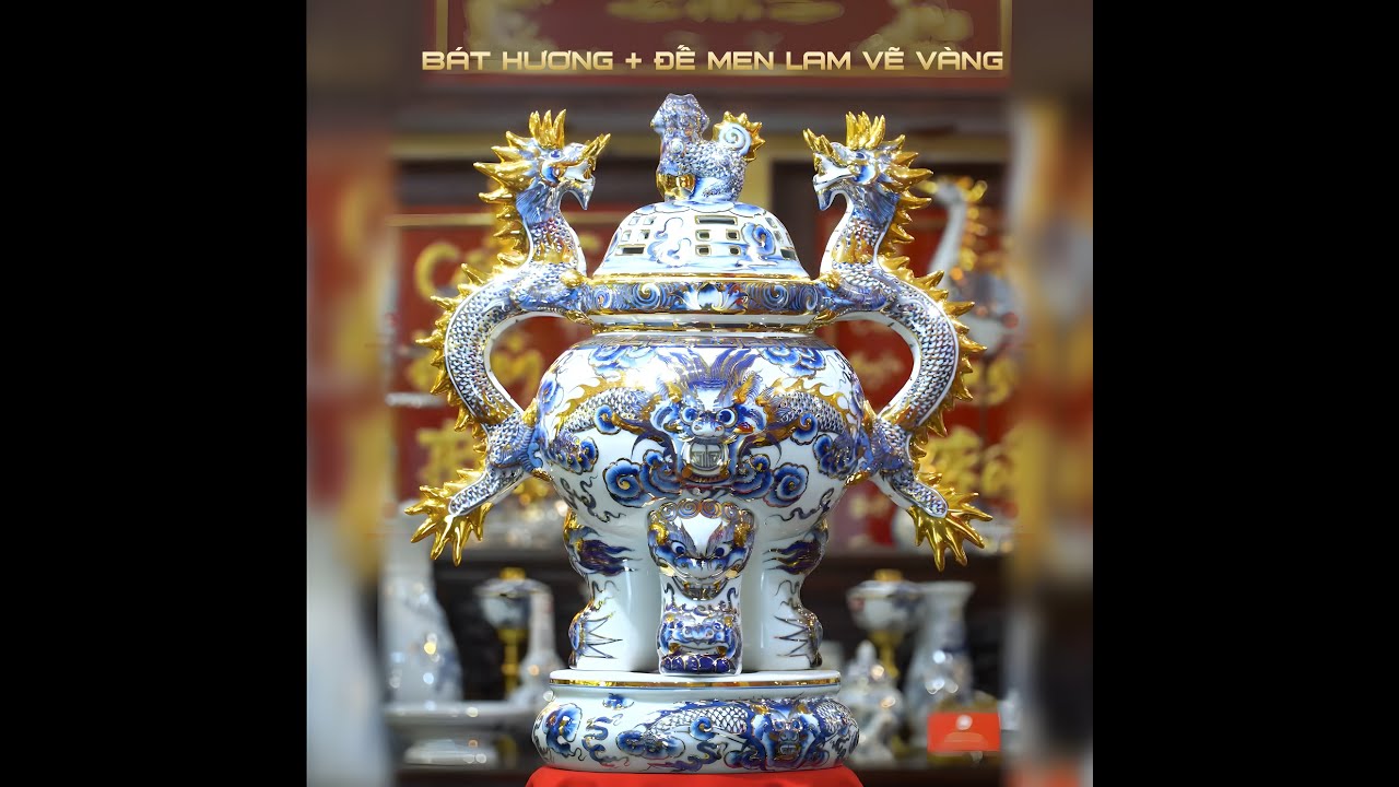 Đỉnh Hương Men Lam Vẽ Vàng Họa Tiết Thanh Long