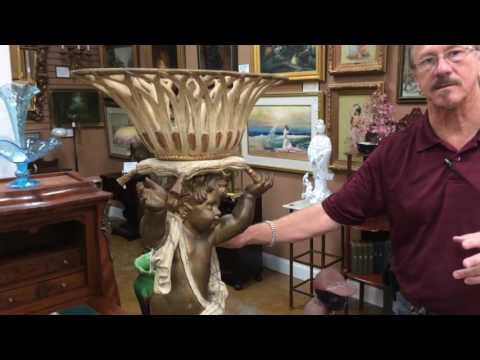 European Antique Expertly Carved Wood Stand Cherub with Basket