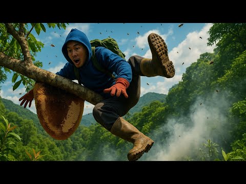 Almost Died Climbing a 20m Tree to Catch Bees – Heart-Stopping Experience! #wildbeehunting #HuyVlop
