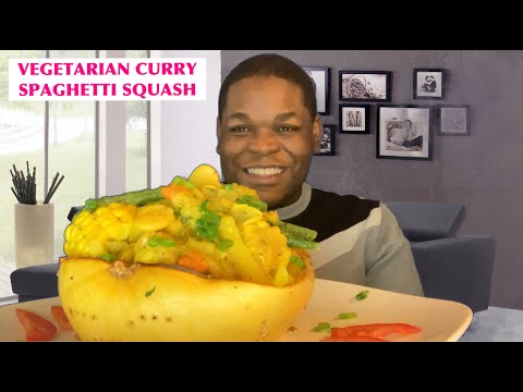 BEST VEGETARIAN CURRY FILLED SPAGHETTI SQUASH MUKBANG & RECIPE | HOW TO MAKE