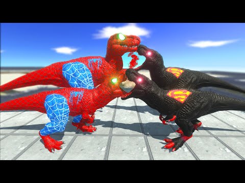 3x SPIDERMAN T-REX vs BATMAN T-REX vs SHAZAM SPINO DEATH RUN - Animal Revolt Battle Simulator
