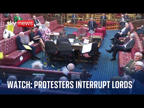 House of Lords: Watch as protesters shouting 'Lords out, people in' throw papers at peers