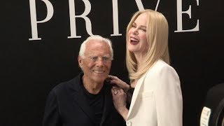 Nicole Kidman and Keith Urban greet Designer Giorgio Armani after his Haute Couture Fashion Show
