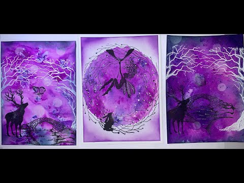 4 of 7 cards made from creating backgrounds using Lavinia Dinkles and stamps