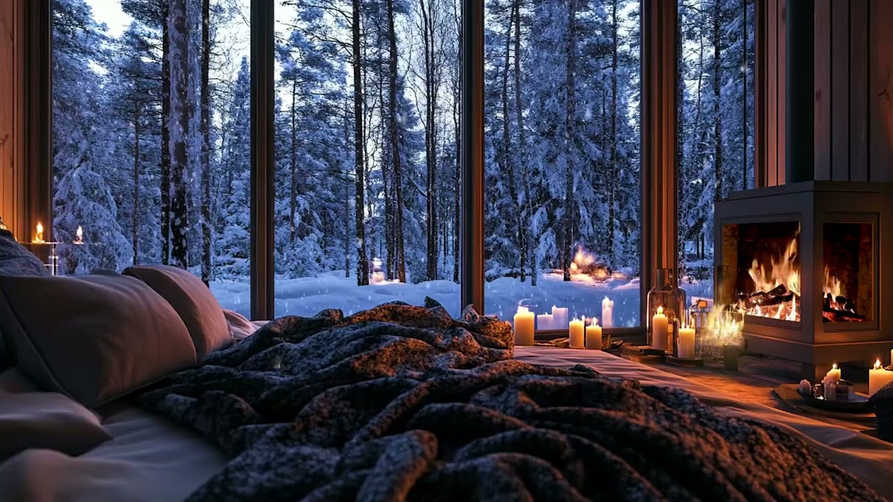 Cozy Snowy Cabin ⛄ Soft Jazz Music and Fireplace Ambience for Relaxation and Warmth