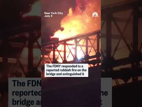 Fire on Brooklyn Bridge during fireworks show