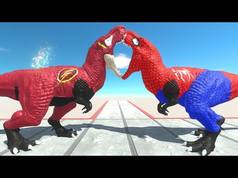 T-REX THE FLASH vs SPIDERMAN T-REX DEATH CLIMB - Animal Revolt Battle Simulator