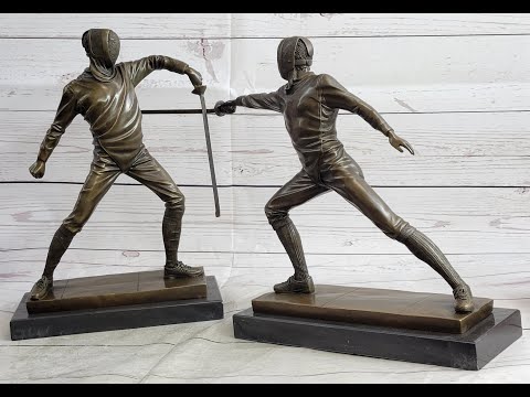 Sculpture Deux Escrimeurs En Bronze Sur Socle Marbre - Art Sportif Original Signé