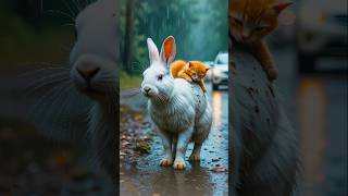 Rabbit saves a wet kitten on the side of the road 🐰 #RabbitRescue #CuteAnimals #AnimalRescue