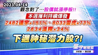 【量子戰情室】#陳武傑 0414 觀念對了…股價就漲停板!!本週獲利持續爆發2482連宇+151%、8033雷虎+73%、2634漢翔+34%；下週神祕潛力股?! (圖)
