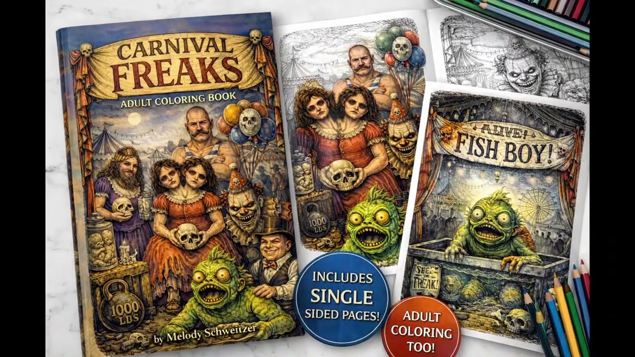 Carnival Freaks Adult Coloring Book – Digital Download, Macabre Circus Art, Gothic Coloring Pages