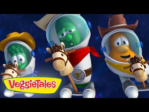 Three VeggieTales characters in space helmets ride wooden hobby horses against a starry blue background, with the VeggieTales logo in the corner.
