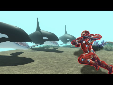 Iron Man hunts killer orca - Animal Revolt Battle Simulator