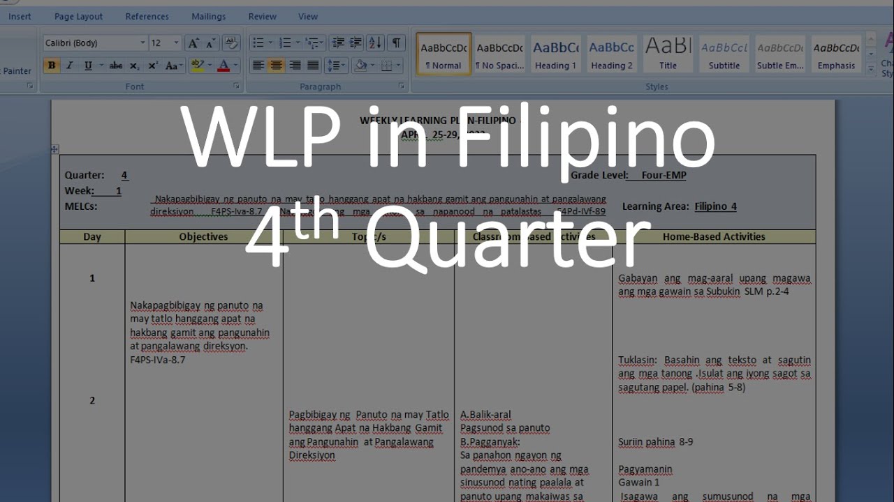 Sample of WLP in Filipino 4th Quarter