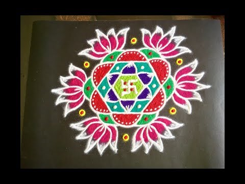 Beautiful Lotus Flower Rangoli Design with Amazing Colours & Dots 11x6 For Beginners Swasthika Kolam