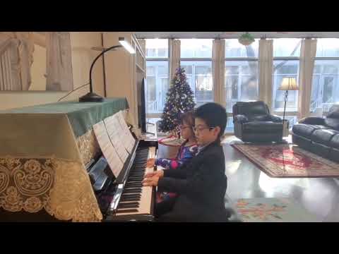 Up on the Housetop, early elementary Christmas holiday piano duet arrangement by Margaret Goldston