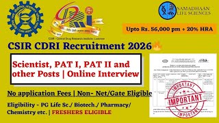 CSIR CDRI Recruitment 2026 | Scientist & PAT Posts | Freshers | ₹56,000 + HRA