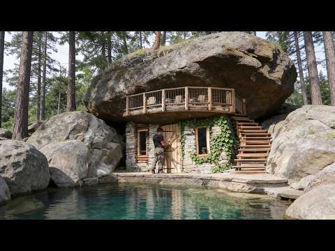 Stone House Hidden Beneath a Massive Rock | Forest Shelter Build