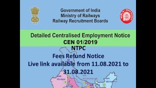 Fees Refund Notice -RRB NTPC CEN 01/2019