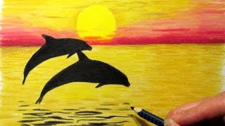 Landscape in Colored Pencil: Sunset and 2 Dolphins Drawing | Jasmina Susak